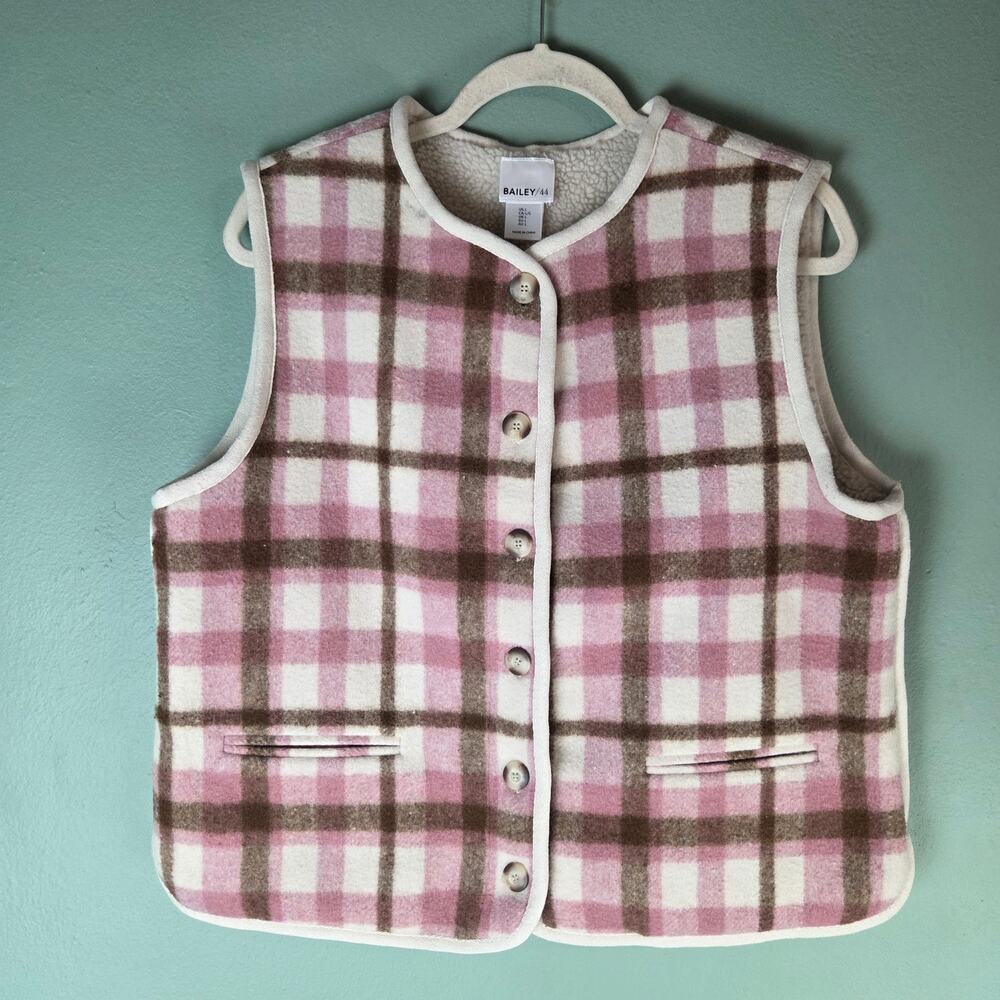 Bailey 44 Womens Large Pink Brown Sleeveless Plaid Sherpa Lined Reversible Vest
